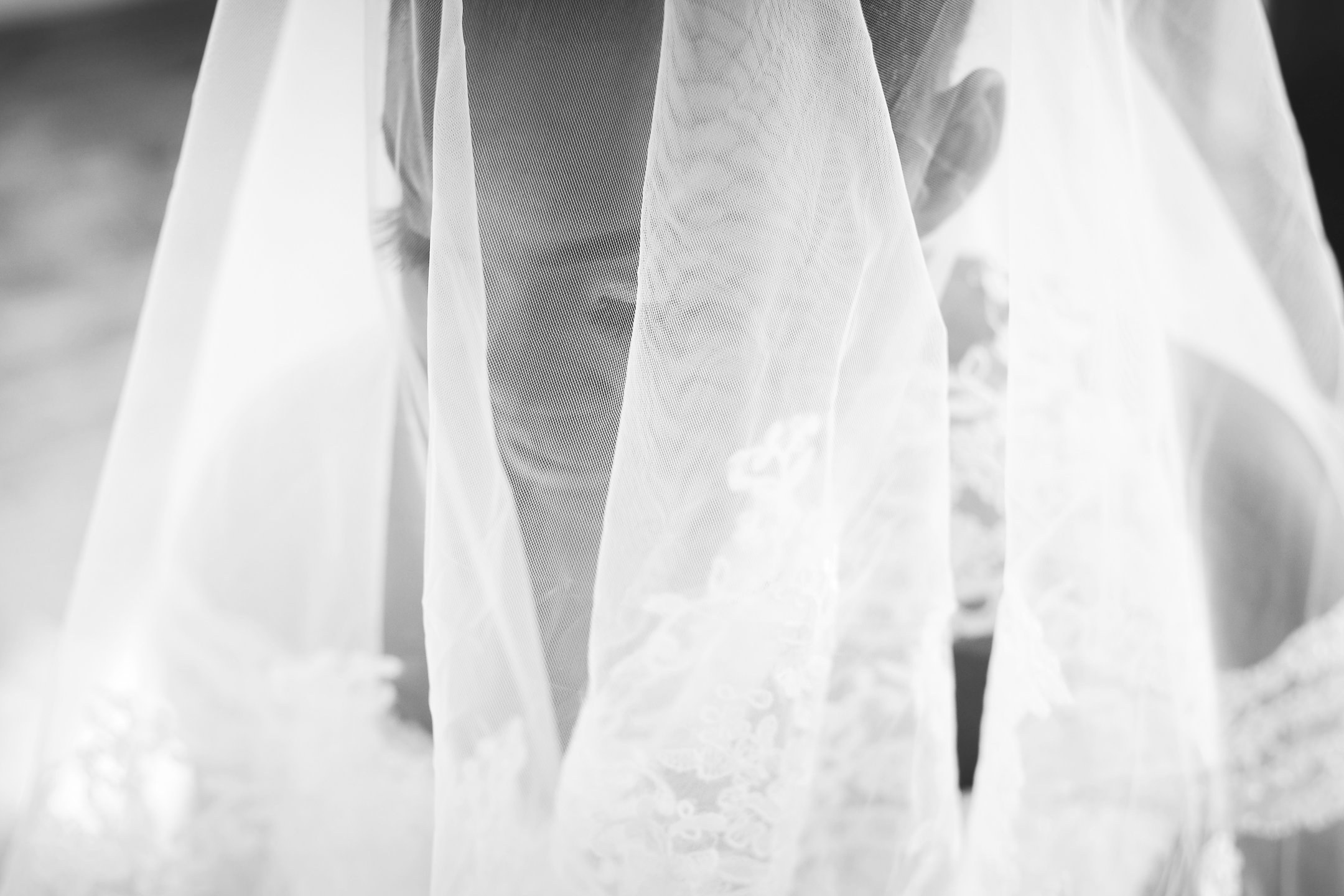 A bride seen through the folds of her veil, in black and white